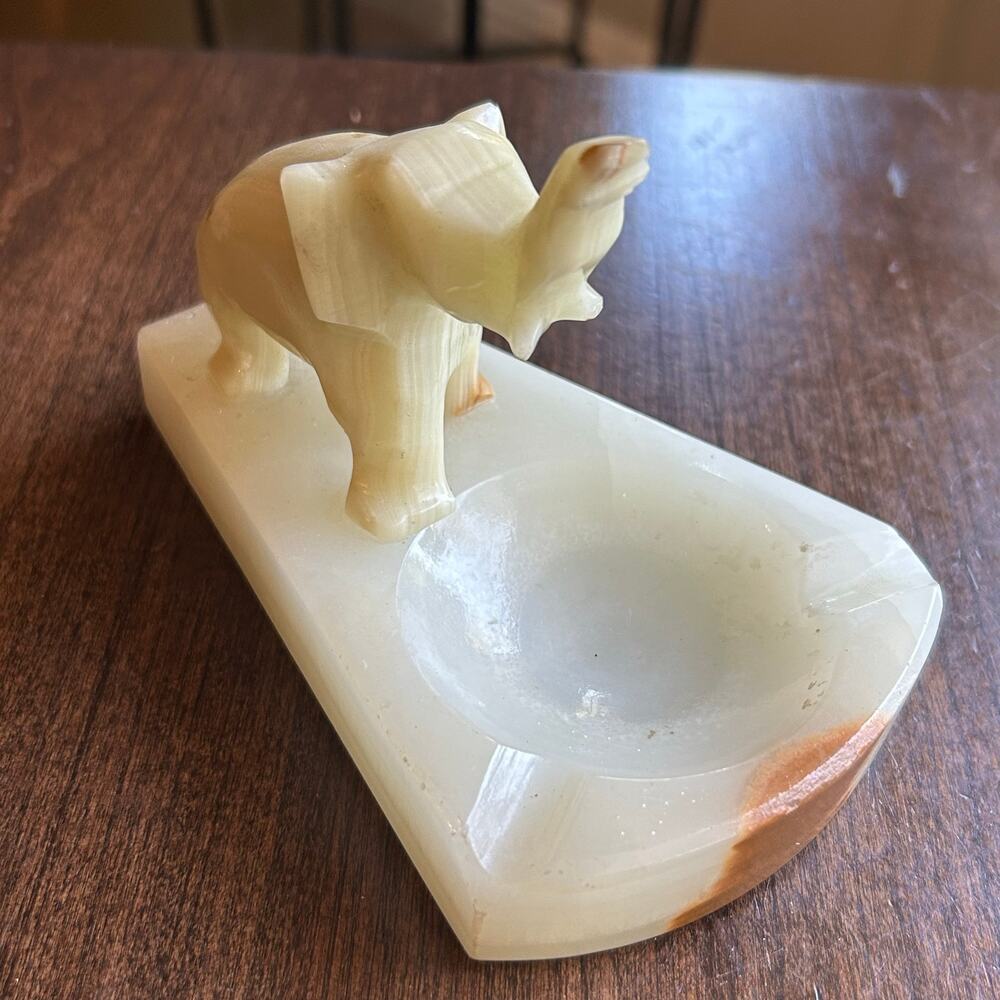 Vintage White Onyx Marble Stone Elephant Figurine Ashtray or Soap Dish
